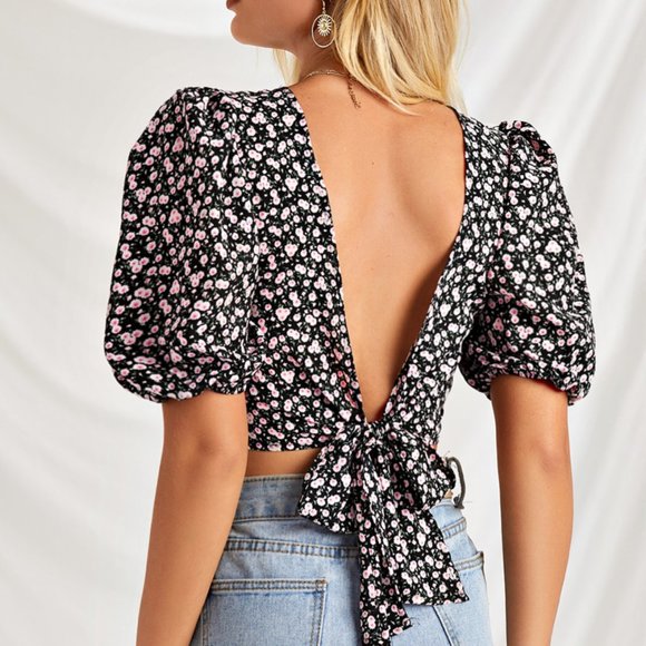 Tops - Tops Puff Sleeve Tied Open Back Floral Ladies LG